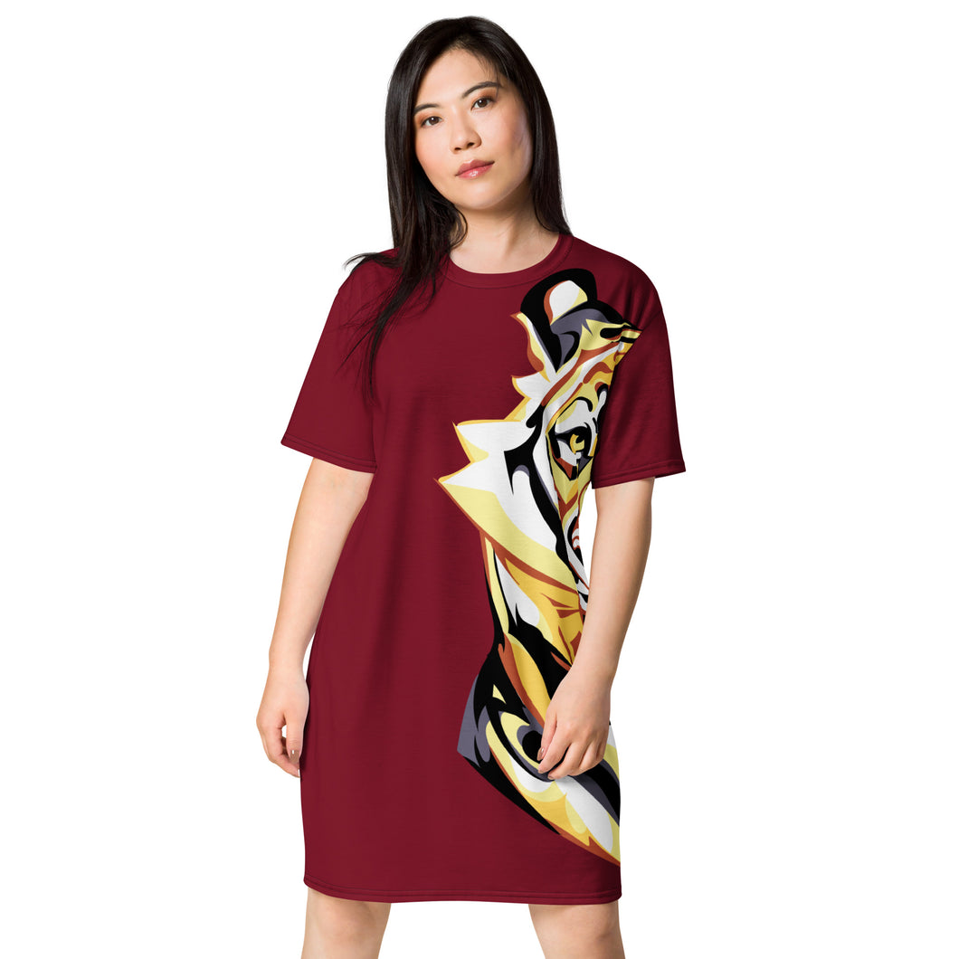 Giant Tiger on Maroon - T-shirt dress