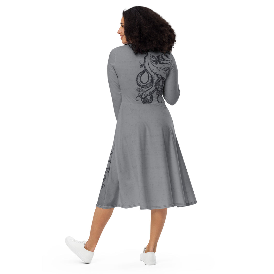 Polar Blue Octopus on Stone Gray - APO Long Sleeve Midi Dress